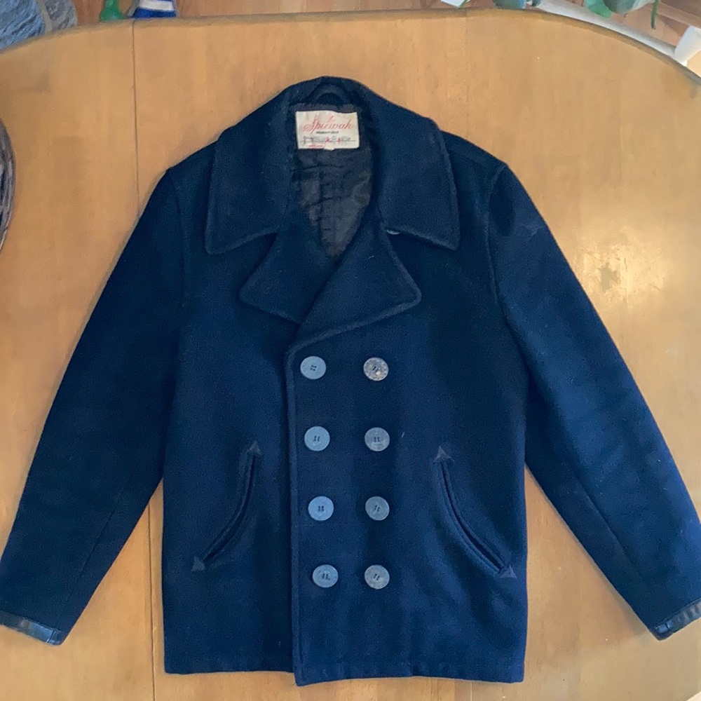 Spiewak Dugan Peacoat - Large - Navy Blue - Wool, Nylon Lining, Leather Cuffs